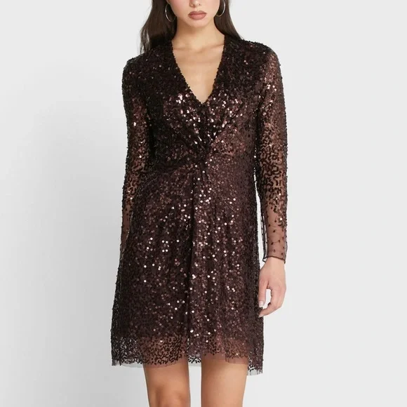 french connection emille sequin dress French Connection 71PGD Emille Sequin Mini Dress SZ 2US Brown